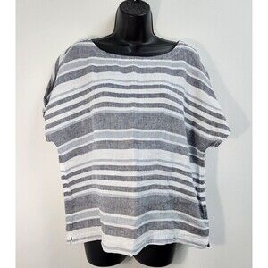 Artisan NY Shirt Women's Large Blue White Striped Linen Top Summer Spring Wear